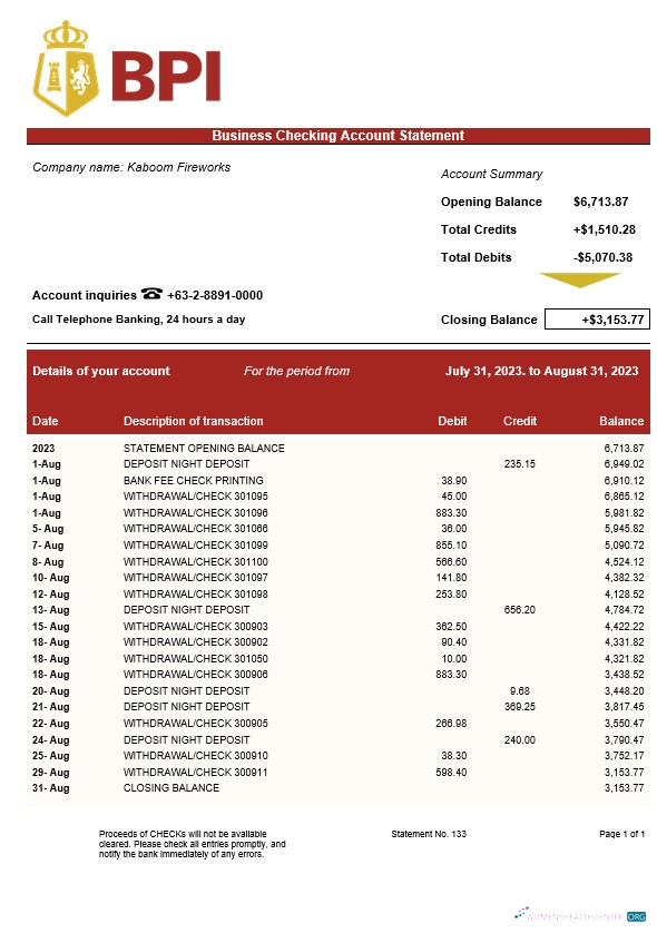 Download Bank of the Philippine Islands business statement Word and PDF template Photoshop template